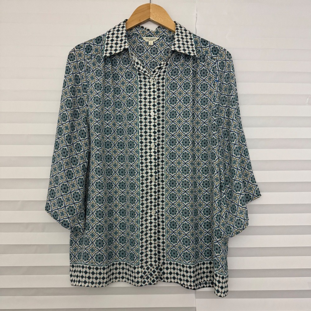 Max Studio London Blue Geometric Medallion Button Front Blouse 3/4 Sleeve L